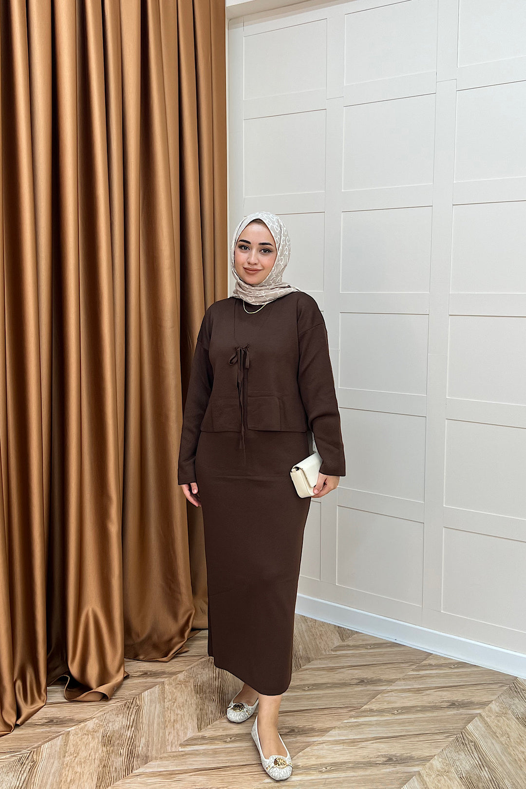 Ester Croplu İkili Triko Elbise Kahverengi 25160-KAHVERENGI