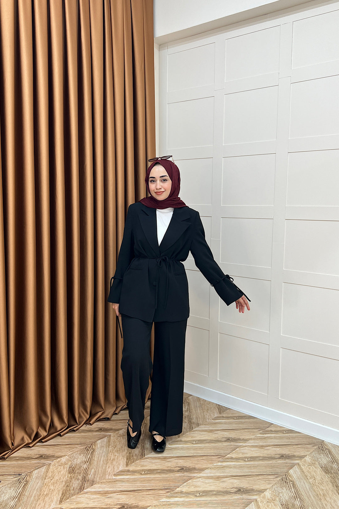 Kuşak Detay Ceket Takım Siyah 5004-SIYAH