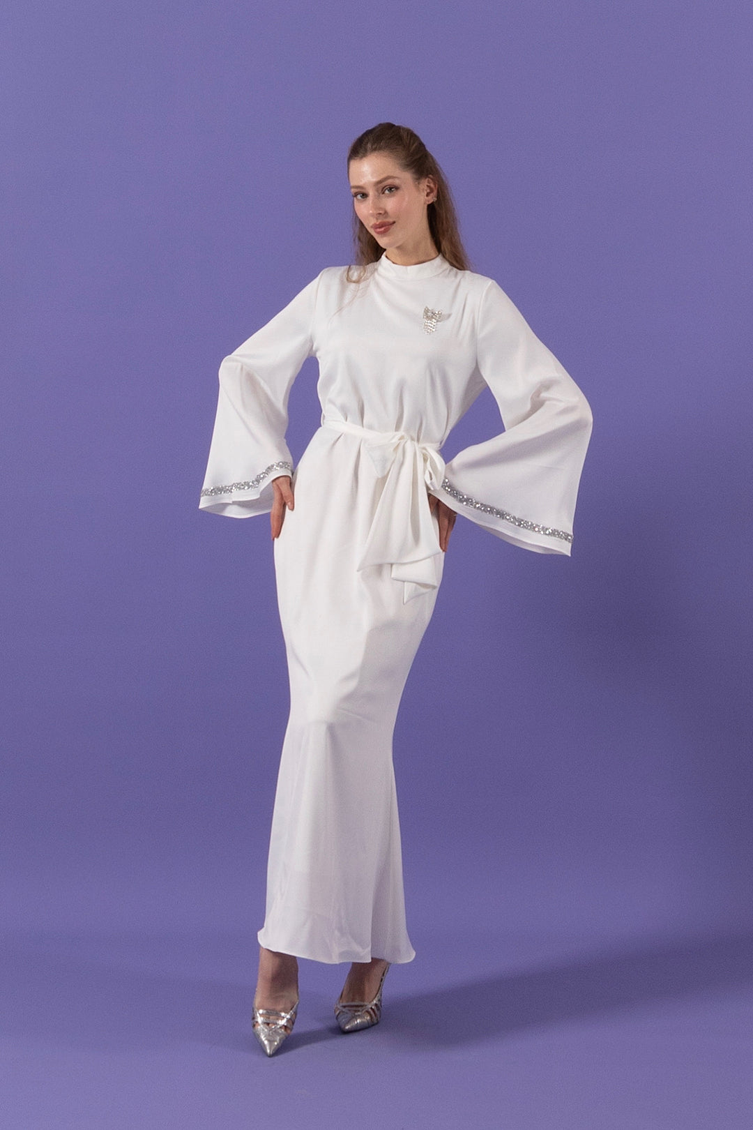 Kolları Taş Detay Saten Abiye Beyaz 3011-BEYAZ