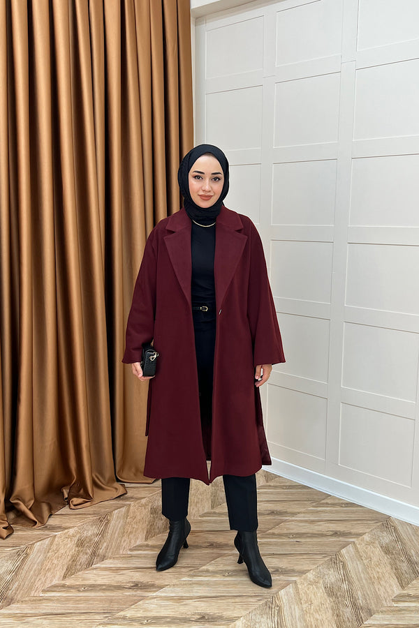 Yıldız Premium Kumaş Kuşaklı Kaban Bordo 5515-BORDO