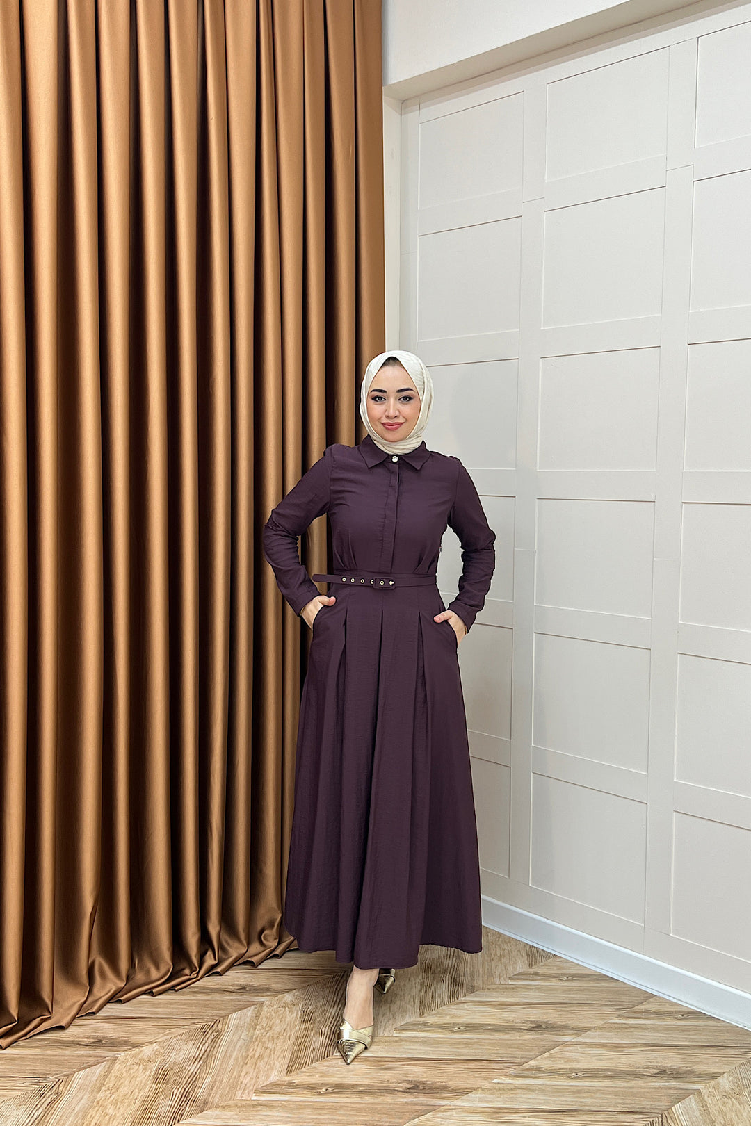 Lunia Kemerli Elbise Mürdüm 5010-MURDUM