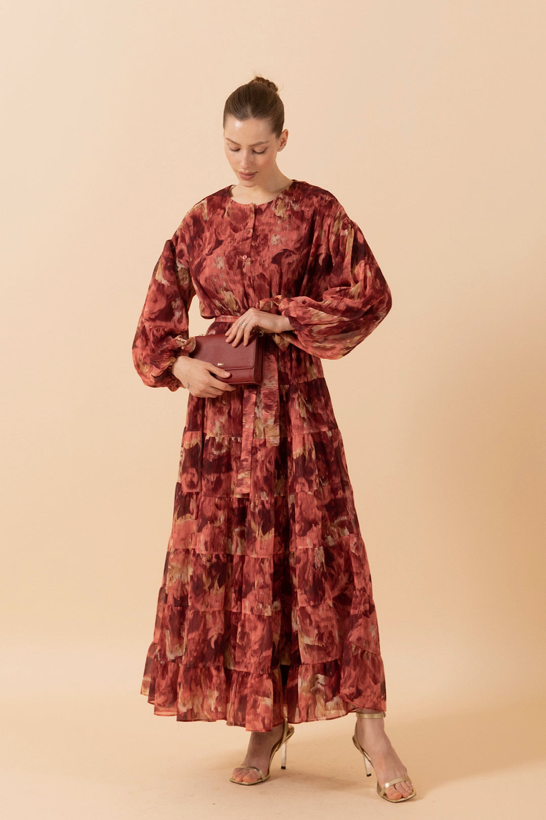 Lily Rüya Desen Şifon Elbise Bordo 3037-BORDO