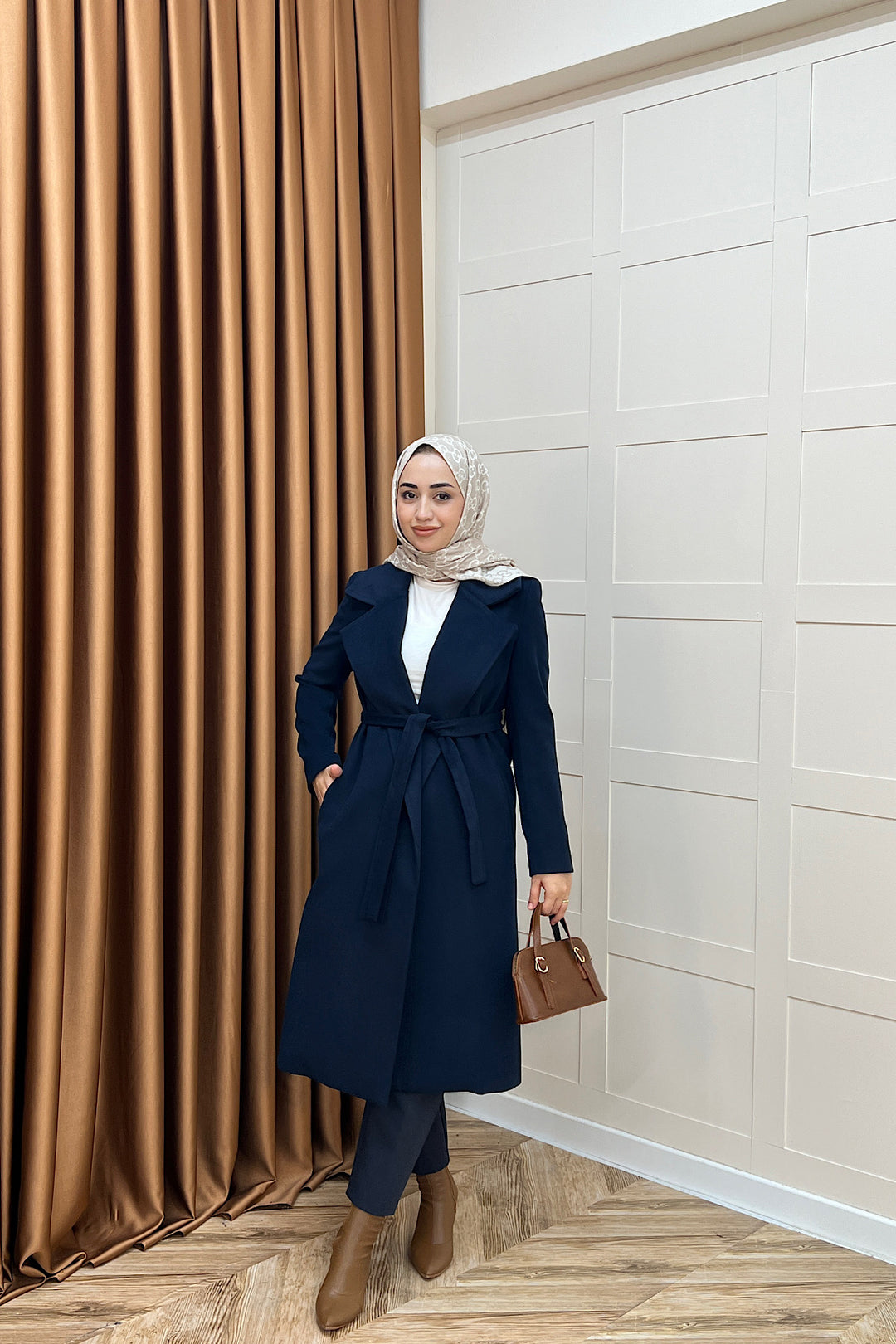 Premium Kuşaklı Kaşe Kaban Lacivert 5510-LACIVERT