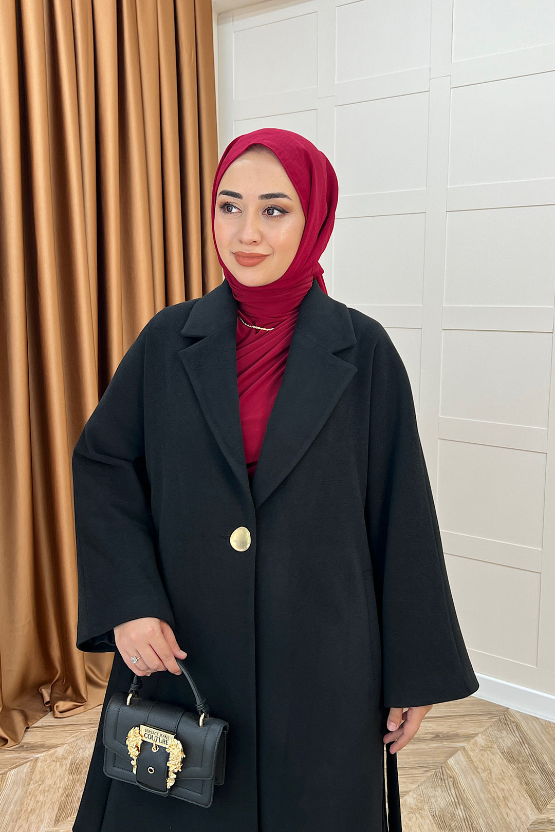 Yıldız Premium Kumaş Kuşaklı Kaban Siyah 5515-SIYAH