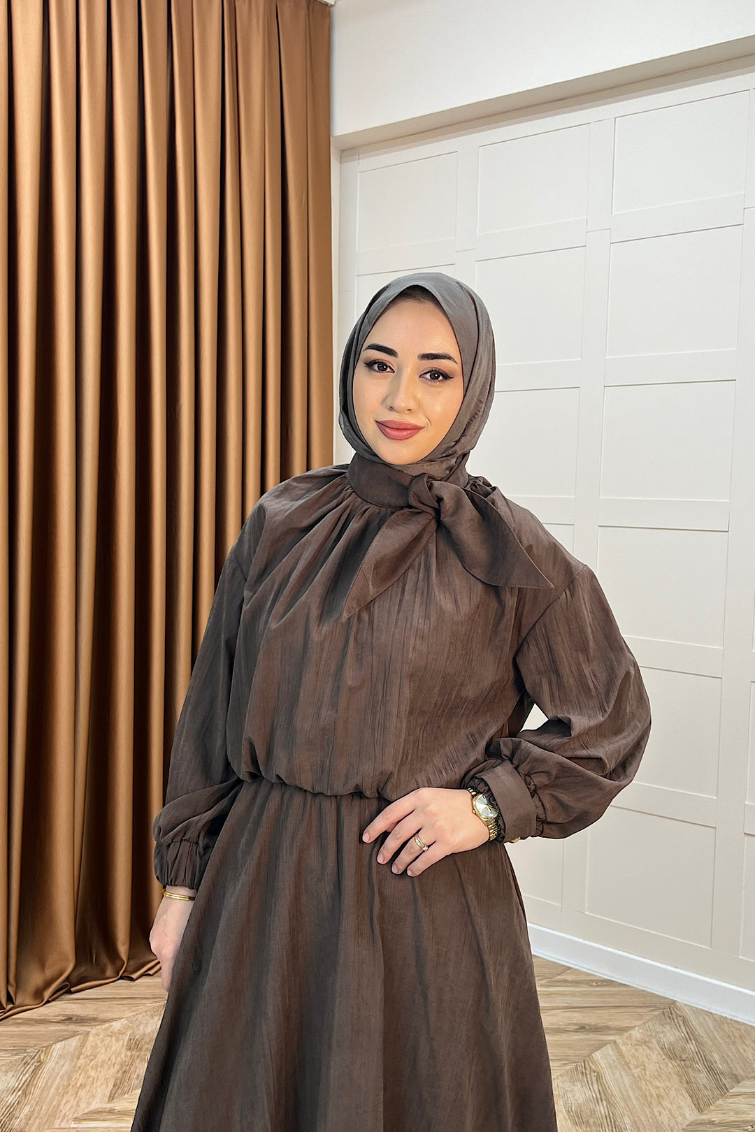 Luna Yaka Fularlı Etek Takım Kahverengi 3183-KAHVERENGI