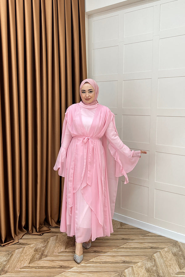 Aliza Büzgülü Şifon Elbise Pembe 2002-PEMBE