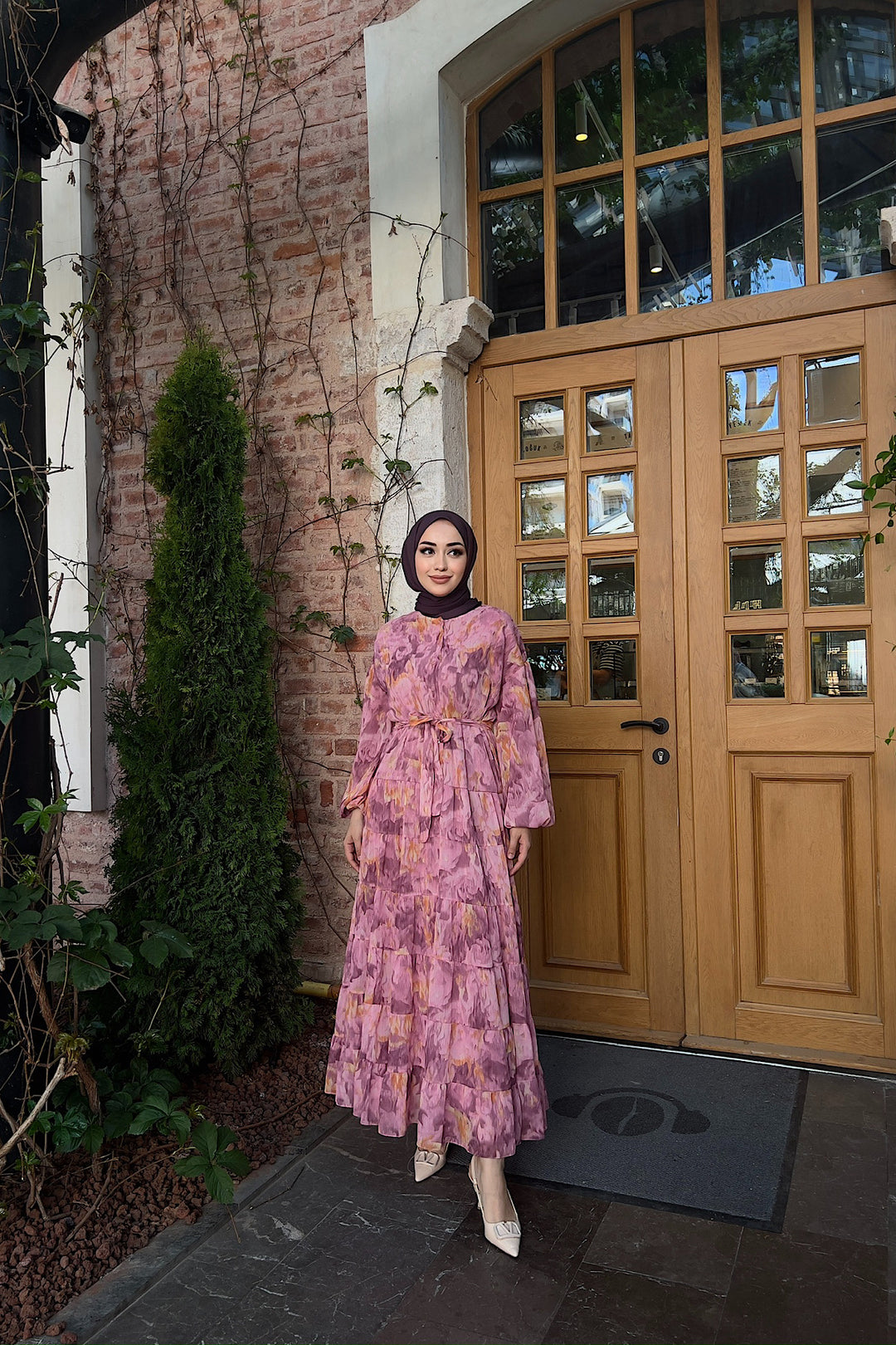 Lily Rüya Desen Şifon Elbise Pembe 3037-PEMBE