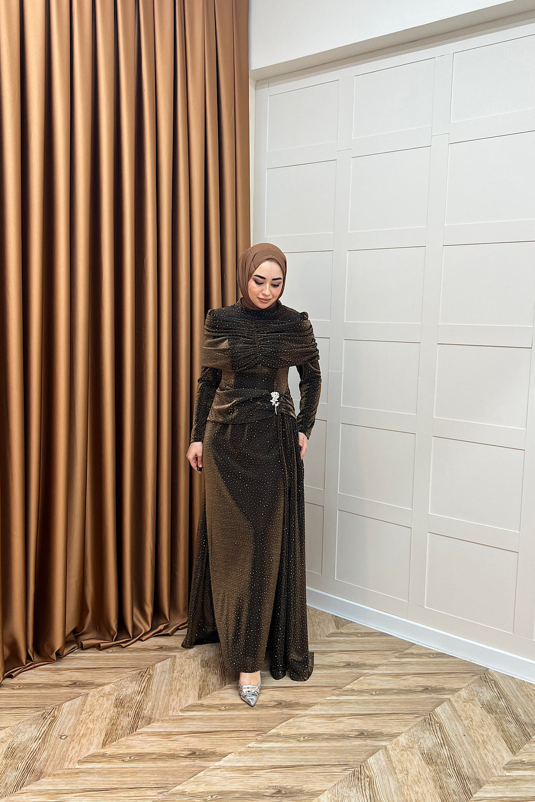 Helena Çiçek Taşlı Abiye Kahverengi 3097-KAHVERENGI