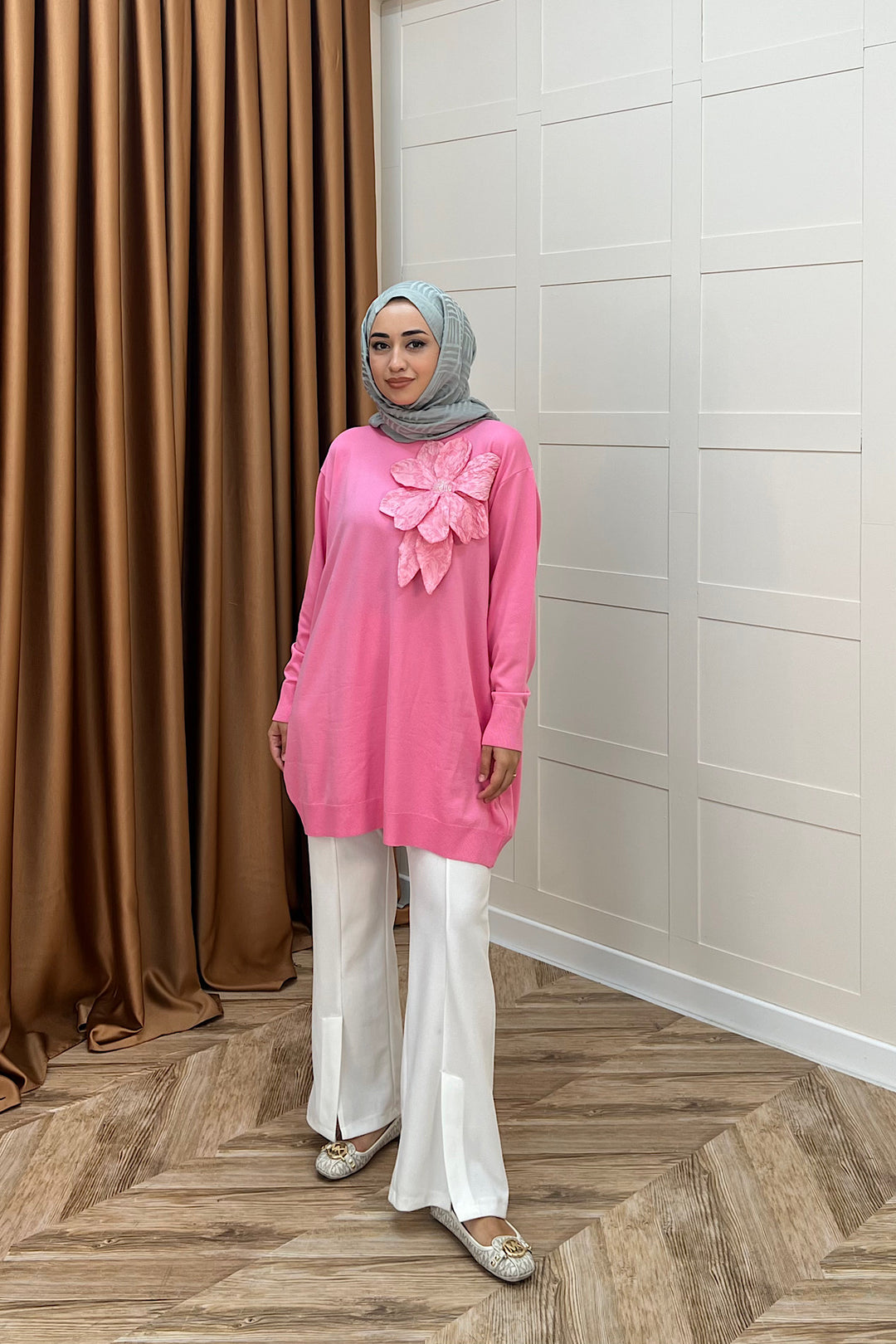 Merserize Çiçekli Triko Tunik Pembe 2550-PEMBE