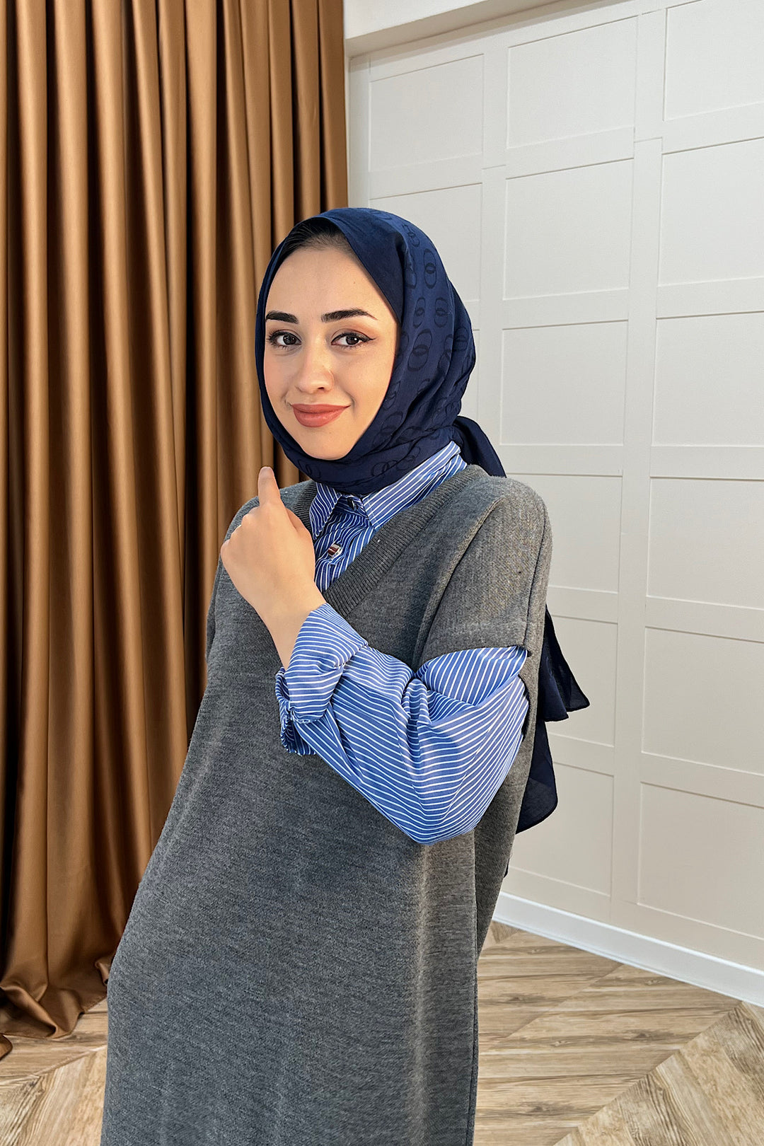 Samira Gömlek Detaylı Triko Elbise Gri 241110-GRI