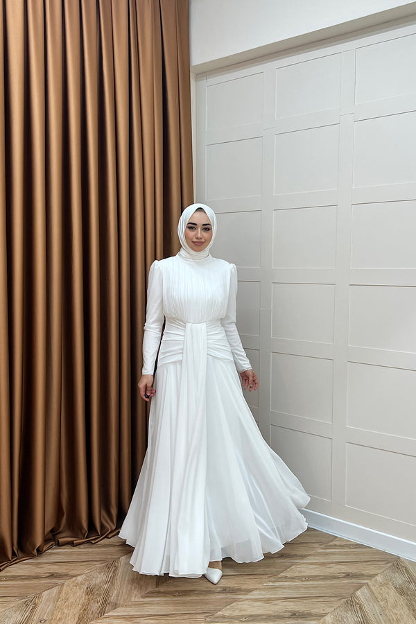 Elanor Bel Detay Şifon Abiye Beyaz 3092-BEYAZ