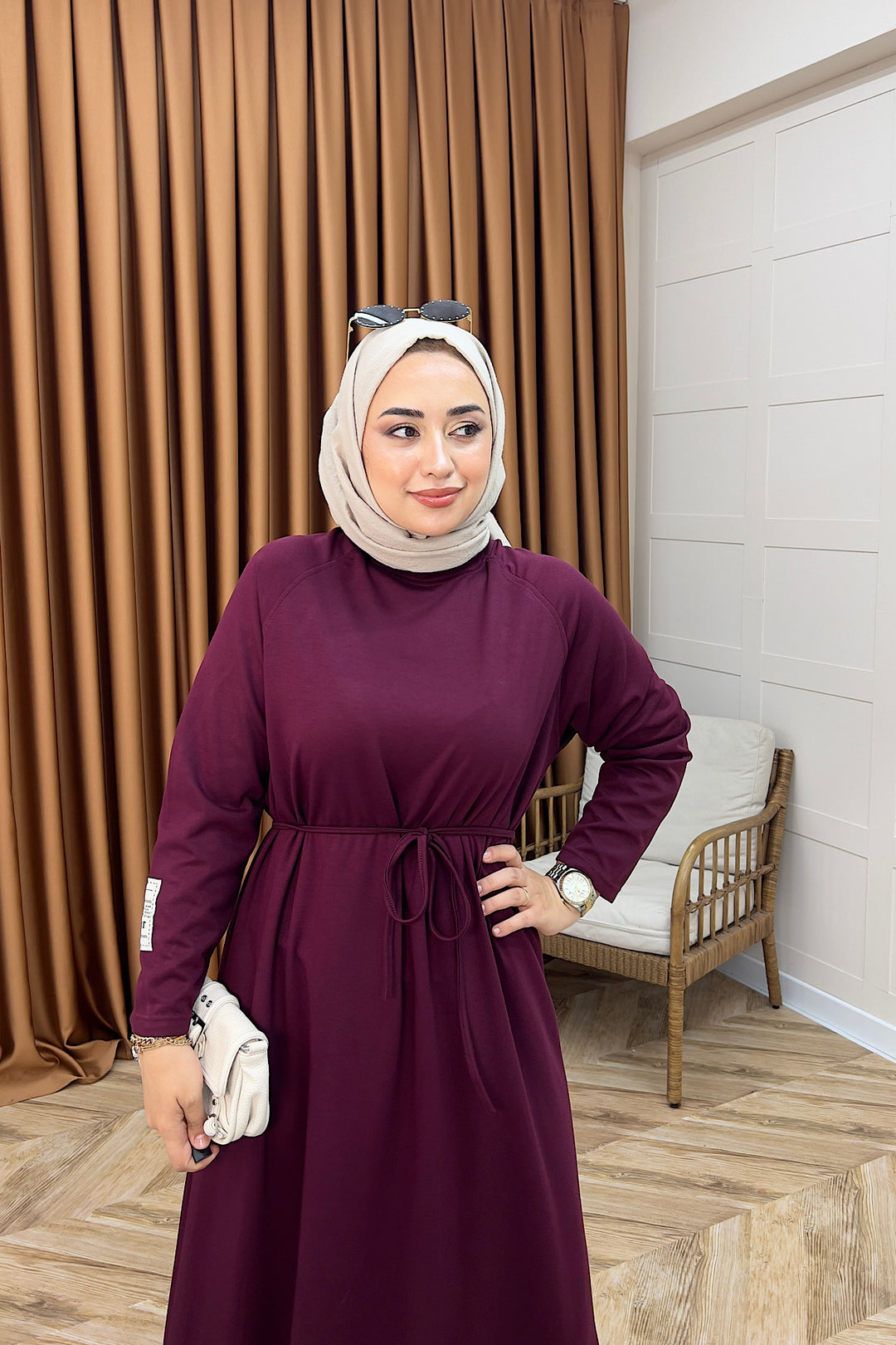 Romia Kuşaklı Elbise Bordo 005-BORDO