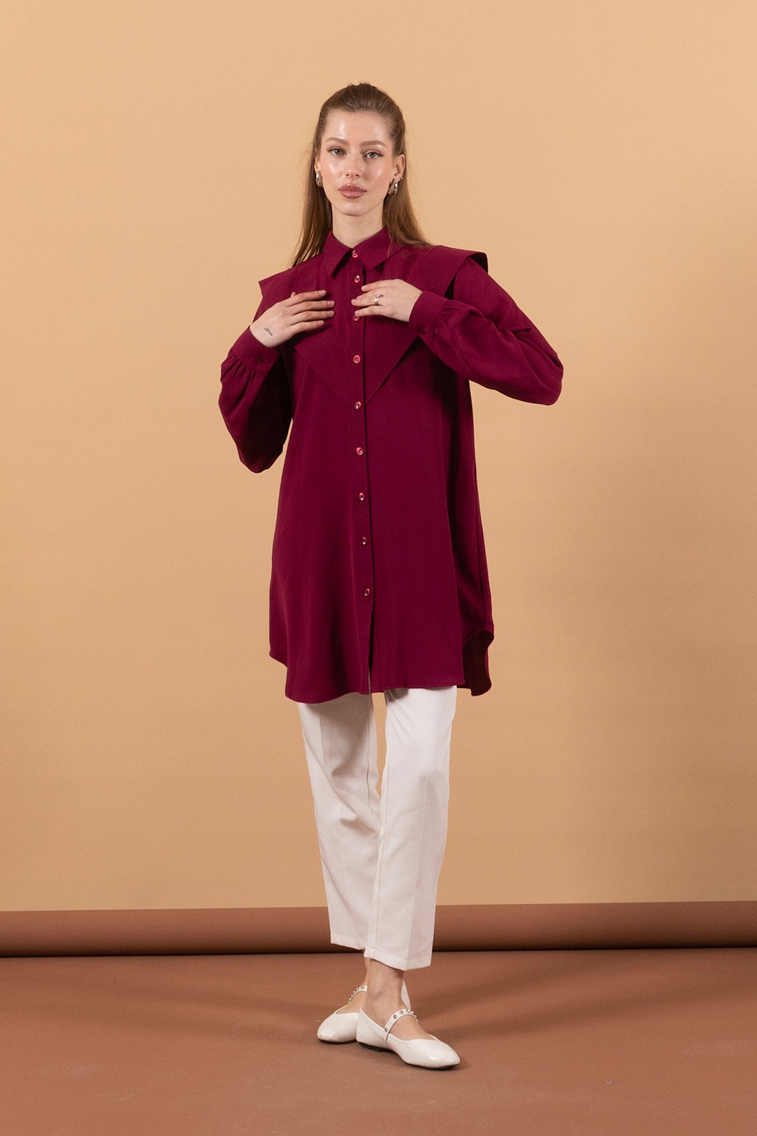 Yakası Allerli Linda Gömlek Bordo 01697-BORDO