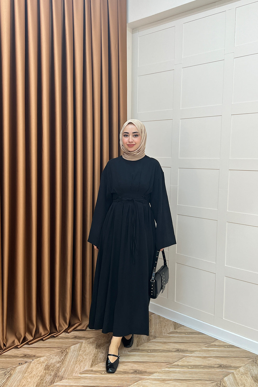 Belden Bağlamalı Cupra Elbise Siyah 5013-SIYAH