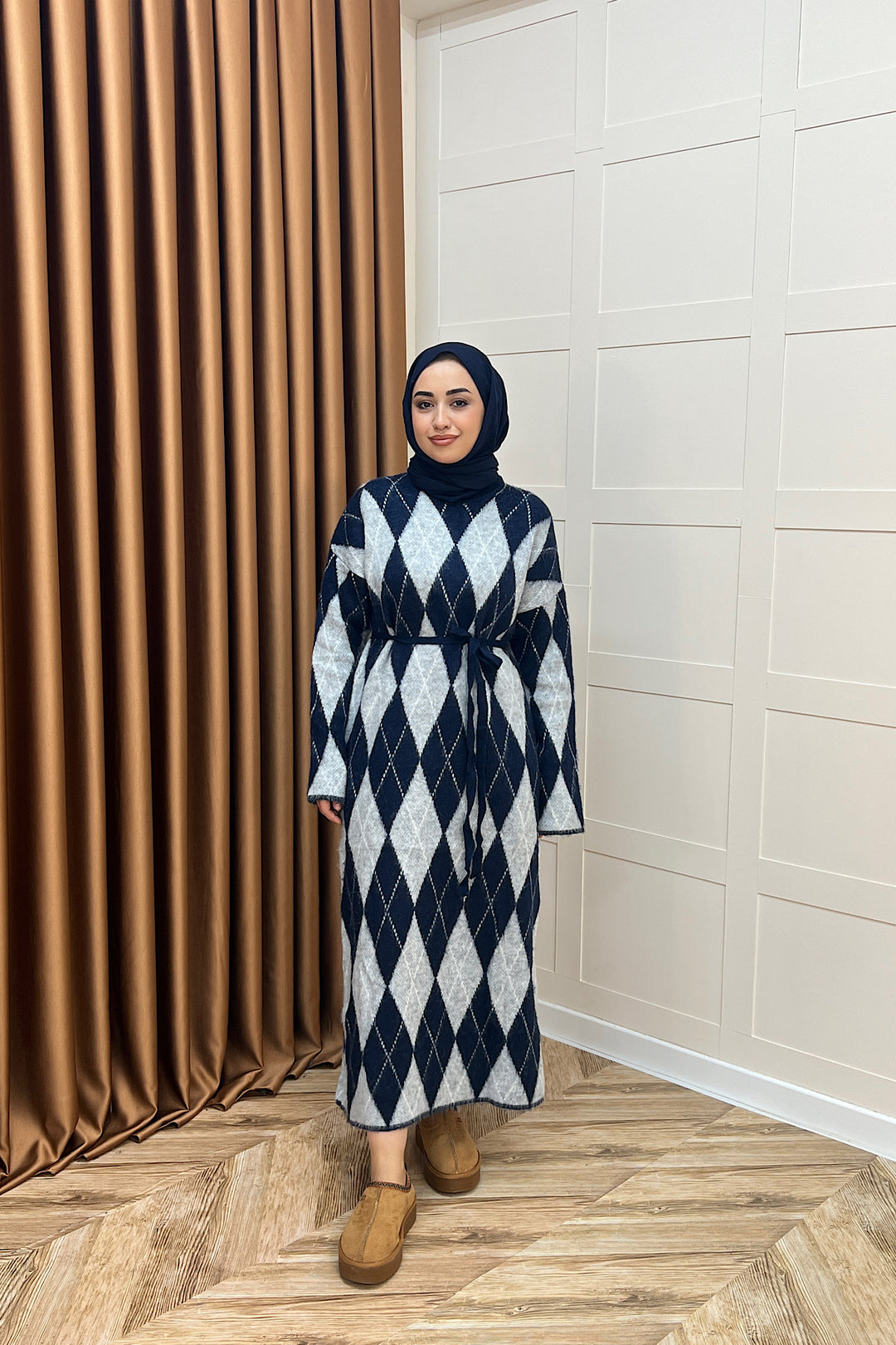 Baklava Desenli Triko Elbise Lacivert 241300-LACIVERT