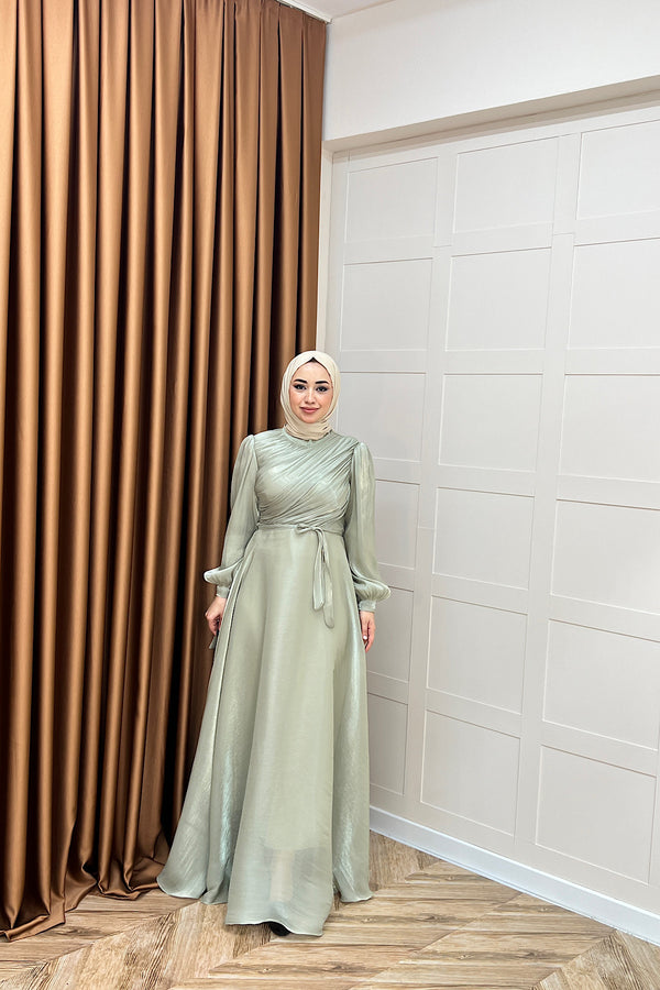 Göğüs Drapeli Abiye Yeşil 3023-YESIL