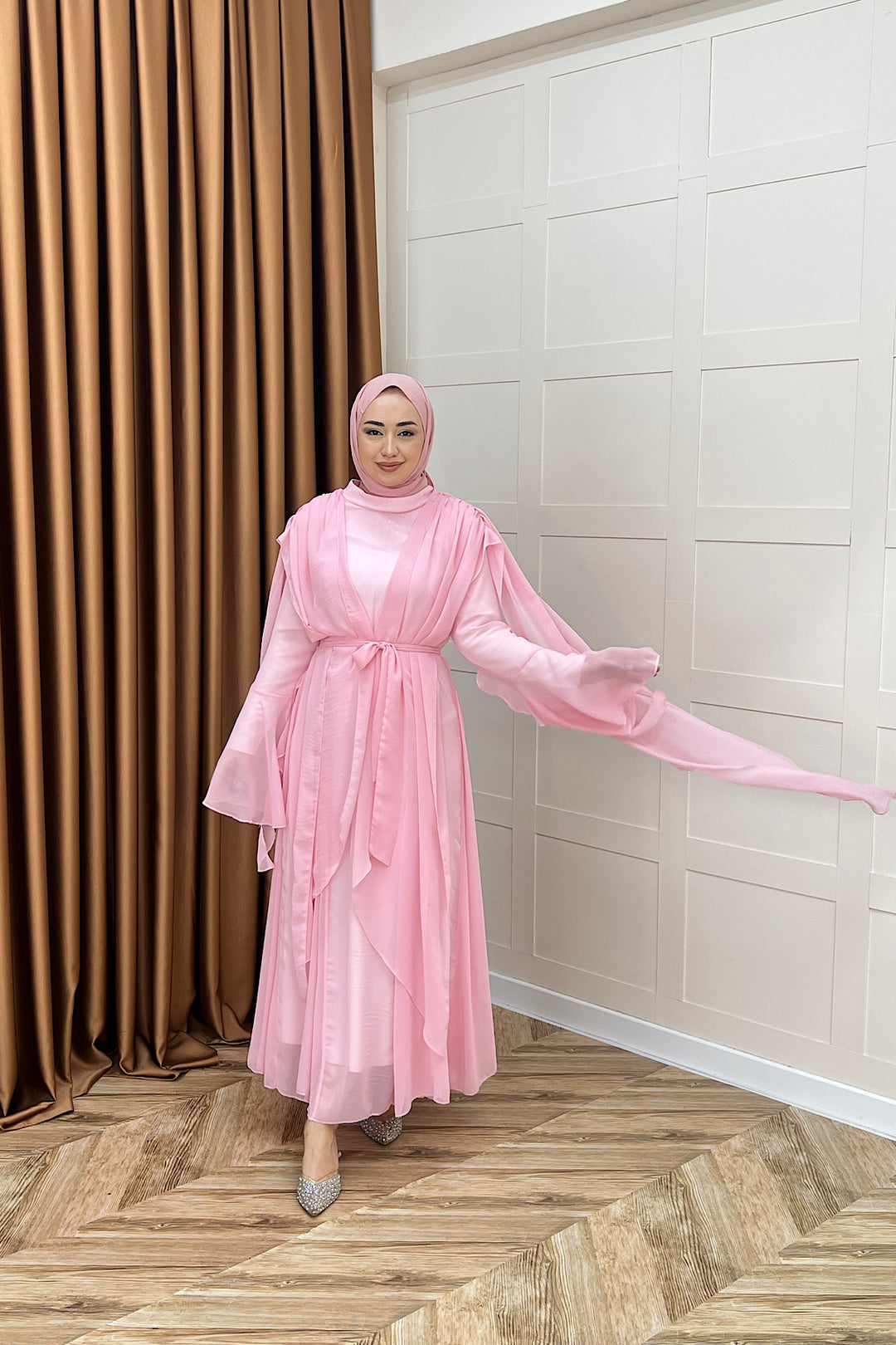 Aliza Büzgülü Şifon Elbise Pembe 2002-PEMBE