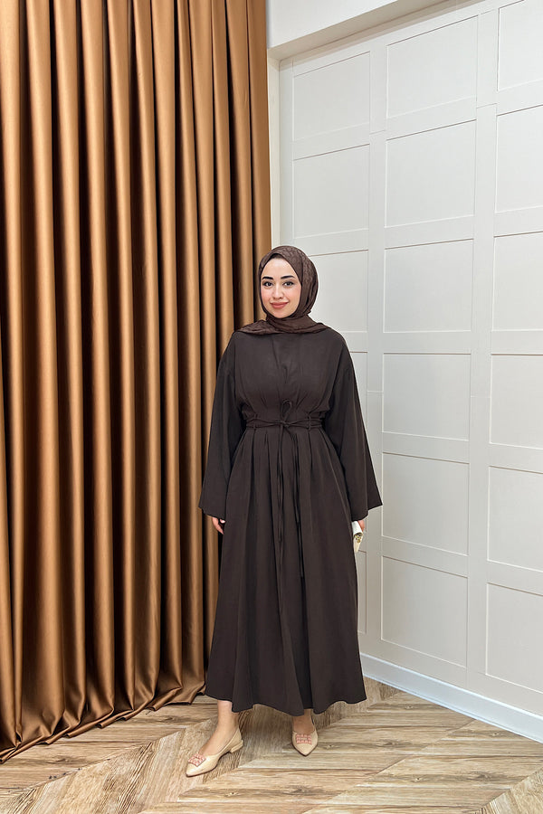 Belden Bağlamalı Cupra Elbise Kahverengi 5013-KAHVERENGI