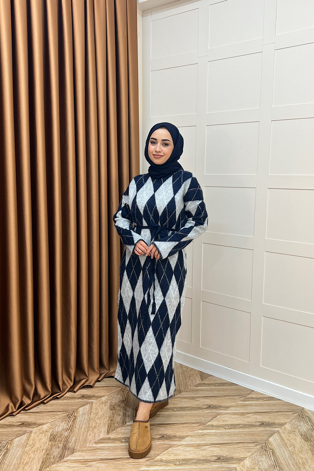 Baklava Desenli Triko Elbise Lacivert 241300-LACIVERT