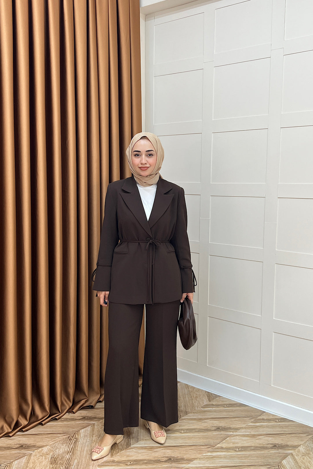 Kuşak Detay Ceket Takım Kahverengi 5004-KAHVERENGI