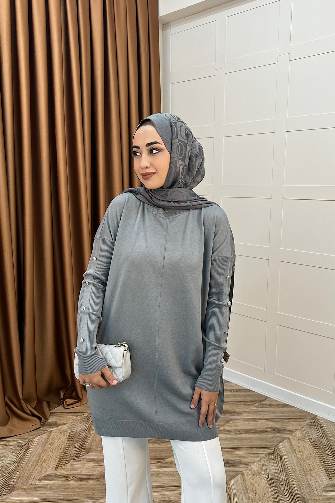 Kol Düğmeli Triko Tunik Gri 24280-GRI