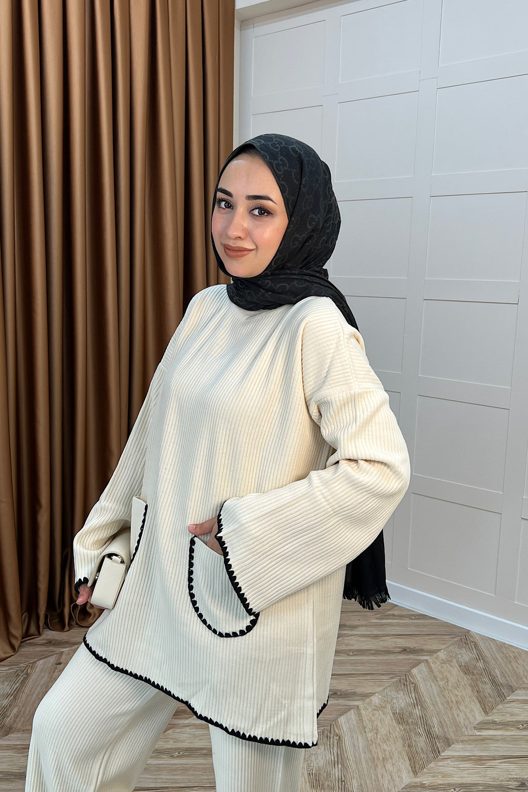 Cep Örgülü Triko Takım Krem 24200-KREM