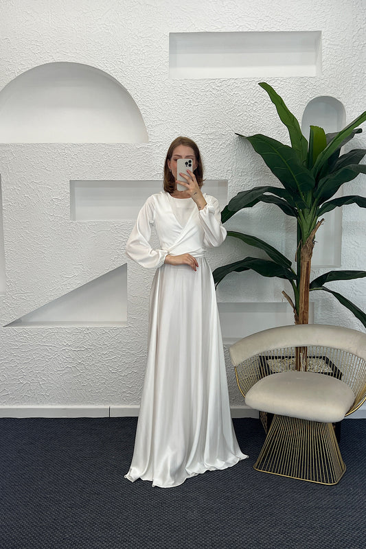 Önü Çarpraz Saten Abiye Beyaz 4529-BEYAZ