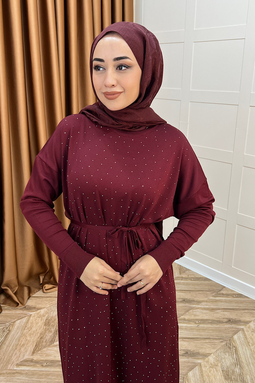 Mabel Taşlı Triko Elbise Bordo 25270-BORDO