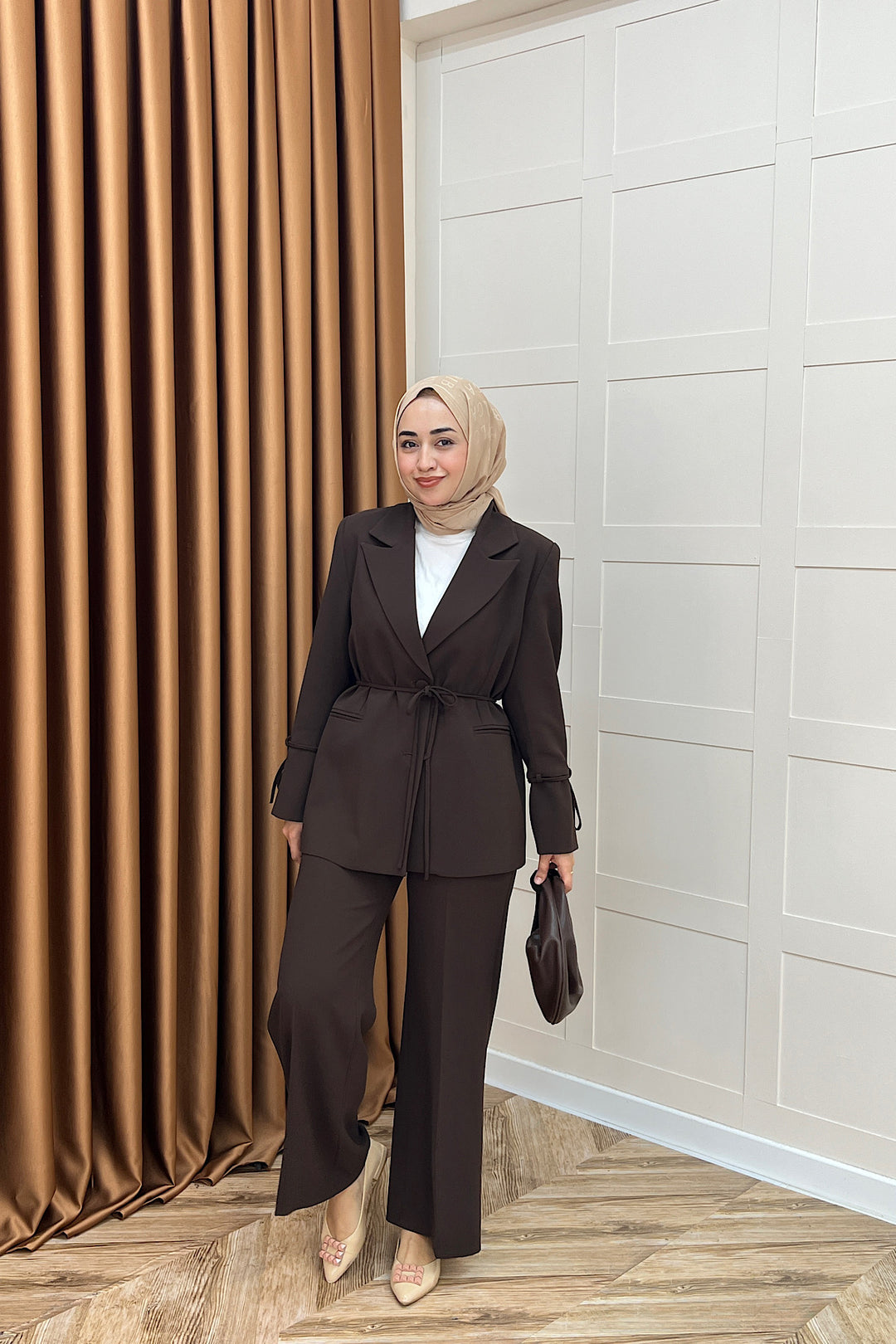 Kuşak Detay Ceket Takım Kahverengi 5004-KAHVERENGI