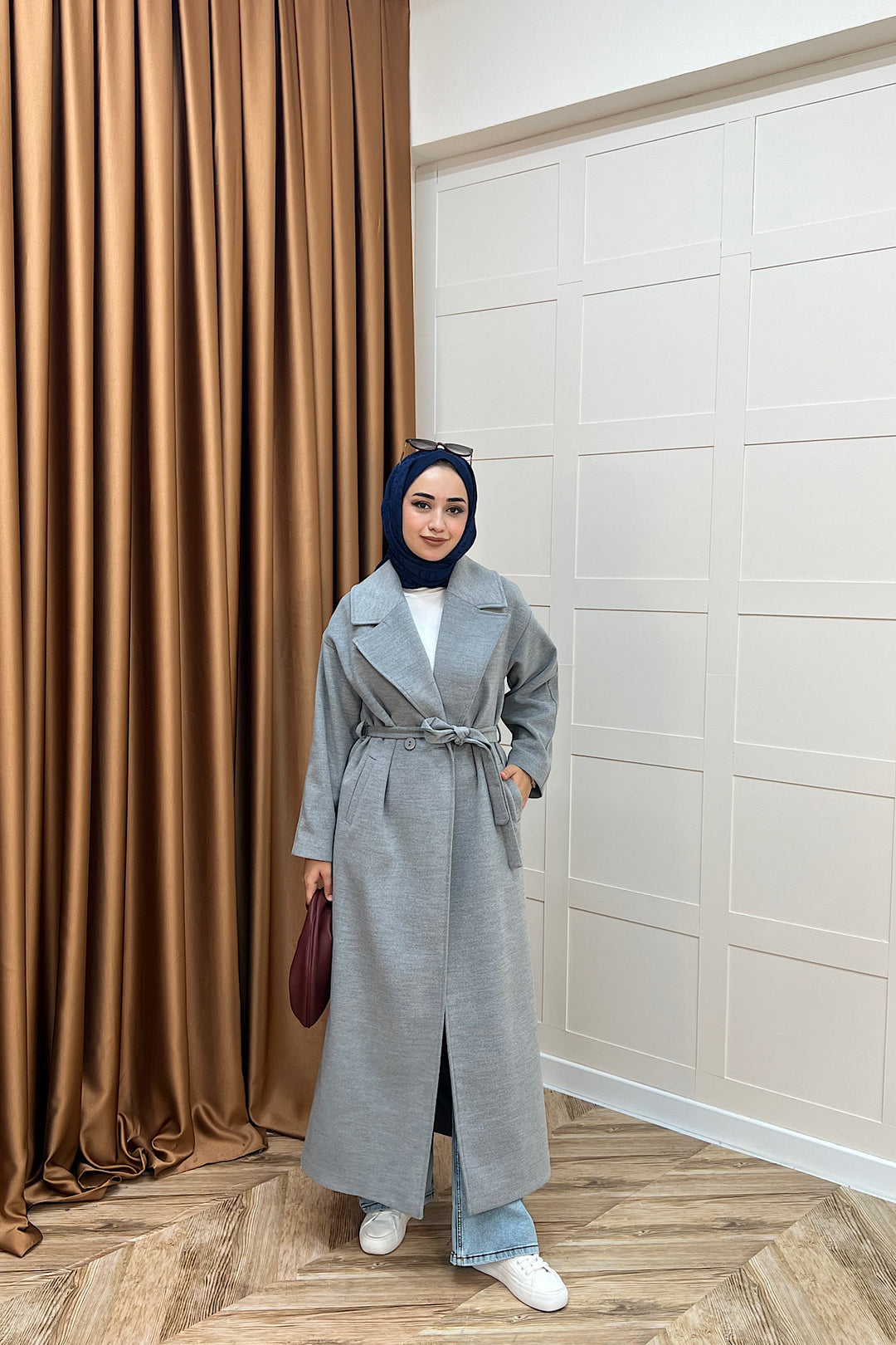 Retro Premium Kumaş Uzun Kaşe Kaban Gri 5509-GRI