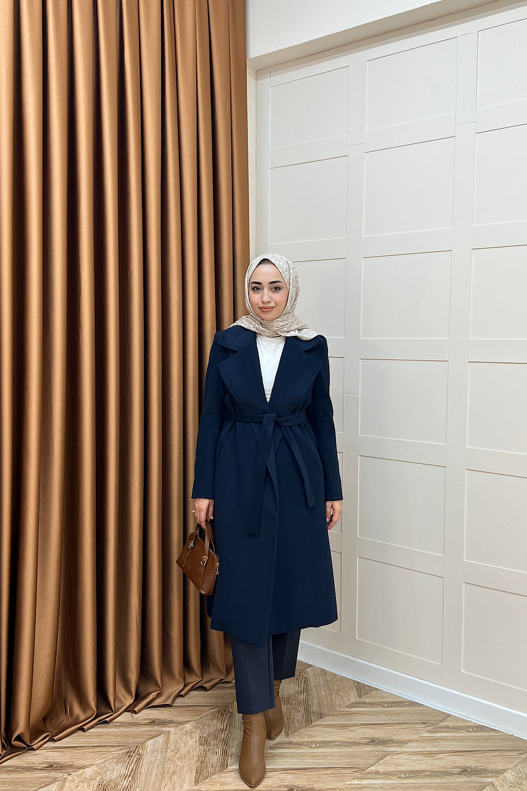 Premium Kuşaklı Kaşe Kaban Lacivert 5510-LACIVERT