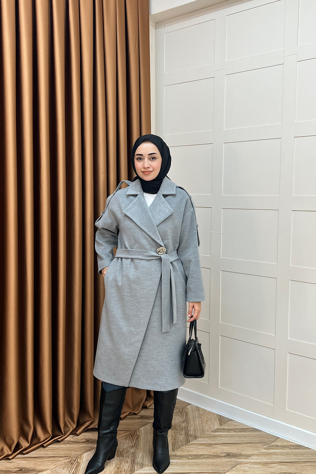 Parya Omuz Detay Kaşe Kaban Gri 5531-GRI