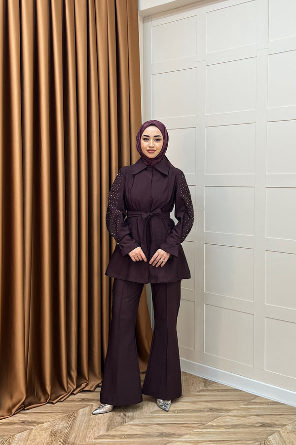 Divine Kolları Taş Detay İkili Takım Mürdüm 26025-MURDUM