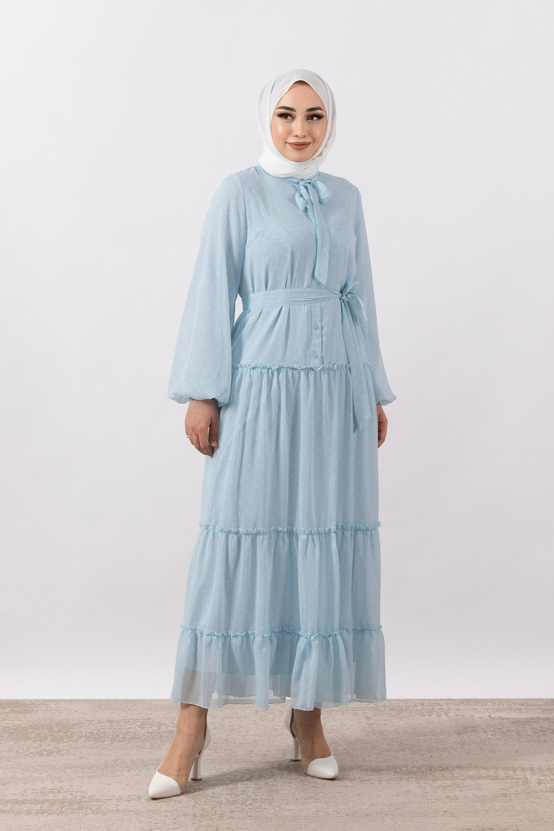 Lena Puantiyeli Şifon Elbise Mavi 3036-MAVI