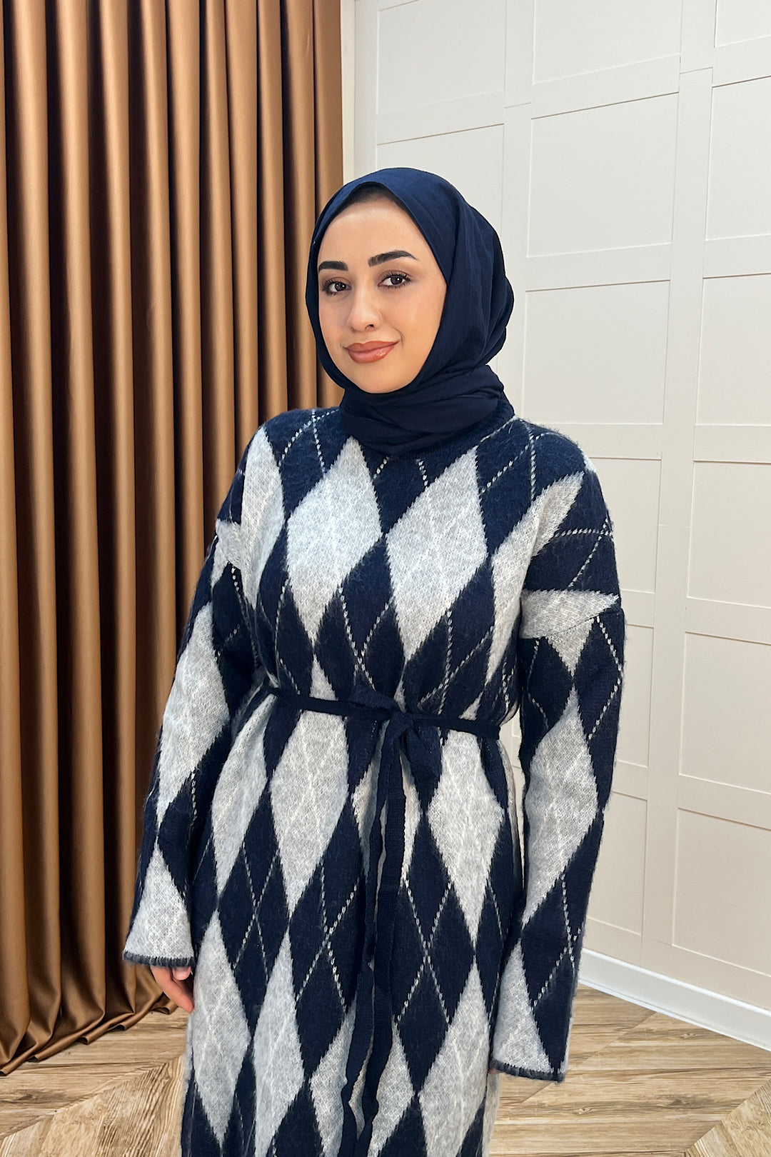 Baklava Desenli Triko Elbise Lacivert 241300-LACIVERT