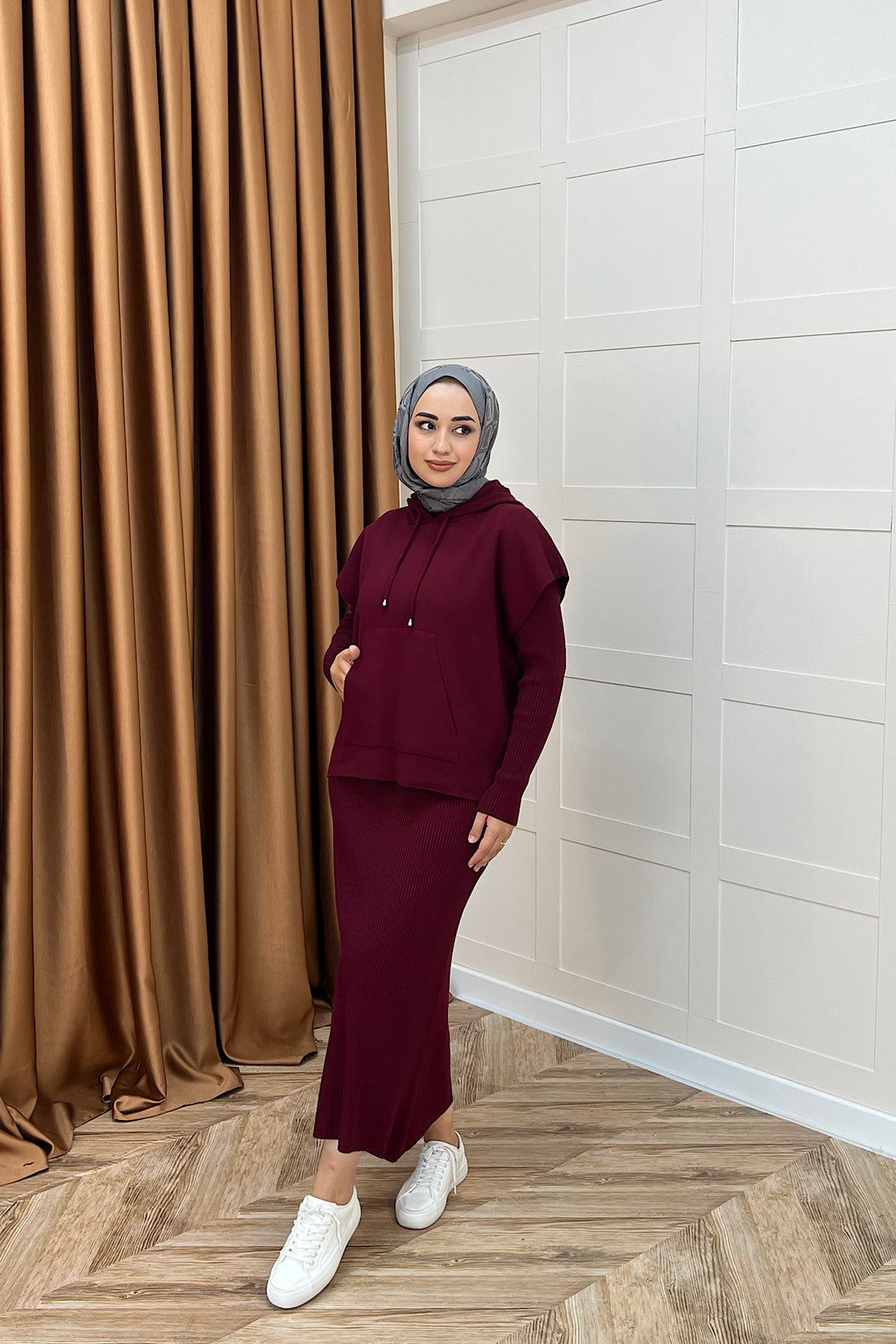 Üst Kapüşonlu İkili Triko Elbise Bordo 25290-BORDO