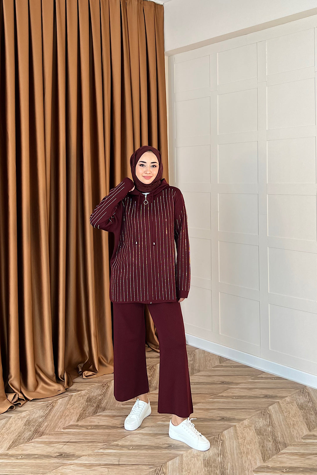 Eros Kapüşonlu Taşlı Triko Takım Bordo 25340-BORDO