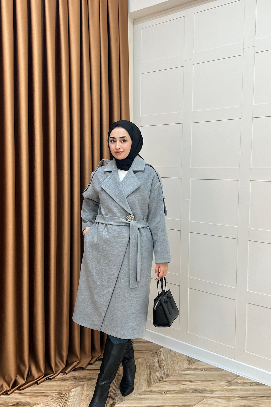 Parya Omuz Detay Kaşe Kaban Gri 5531-GRI