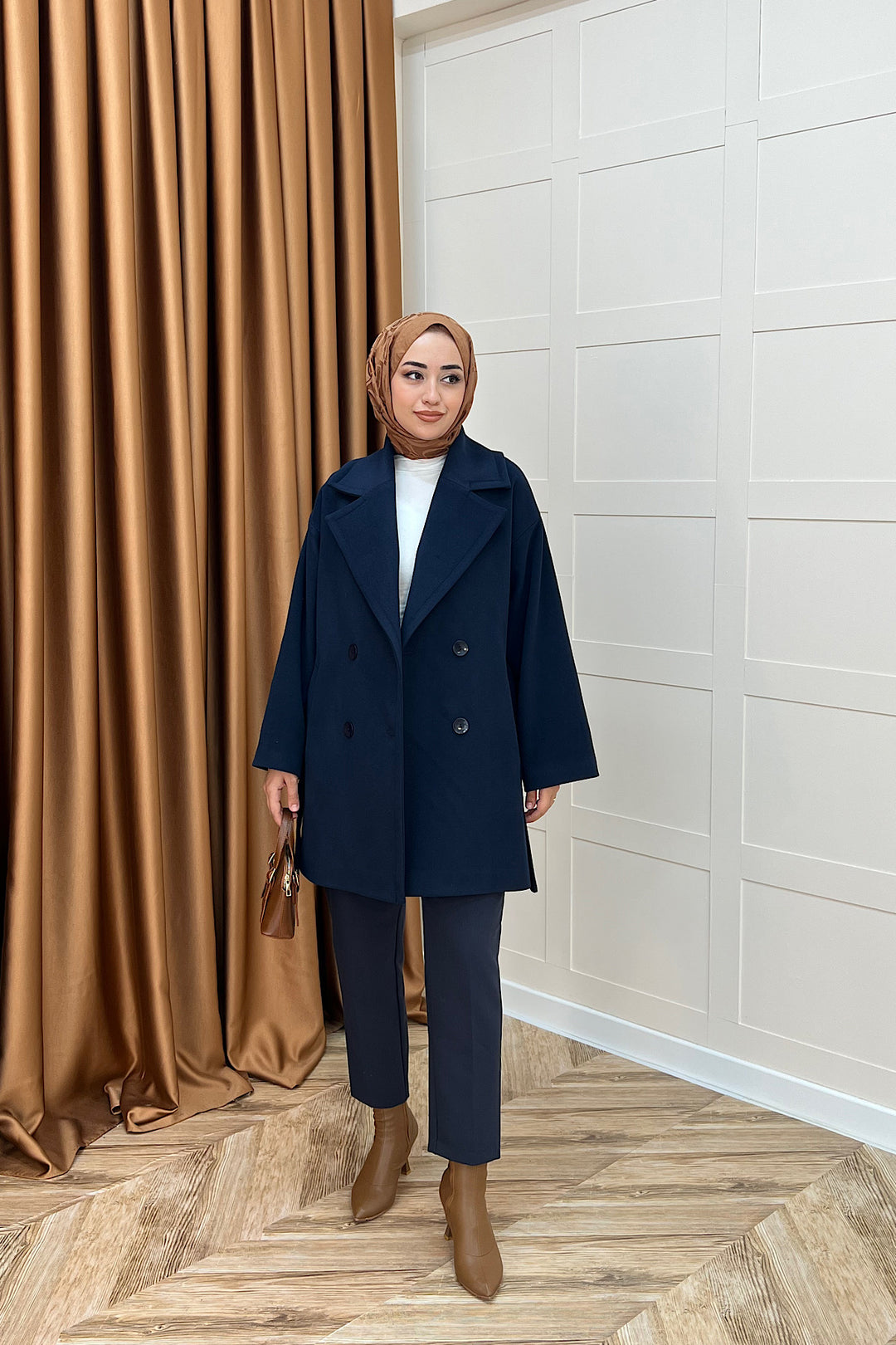 Nuve Premium Kuşaklı Kaban Lacivert 5514-LACIVERT