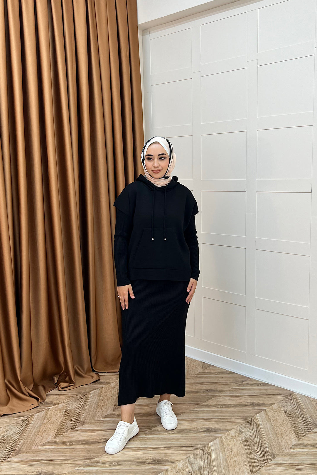 Üst Kapüşonlu İkili Triko Elbise Siyah 25290-SIYAH