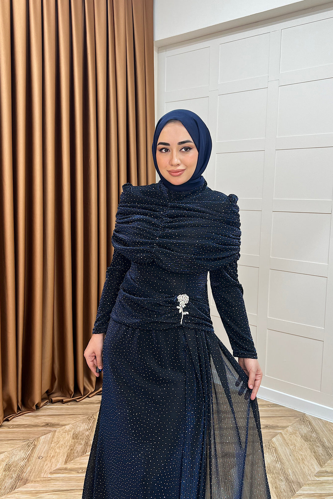 Helena Çiçek Taşlı Abiye Lacivert 3097-LACIVERT