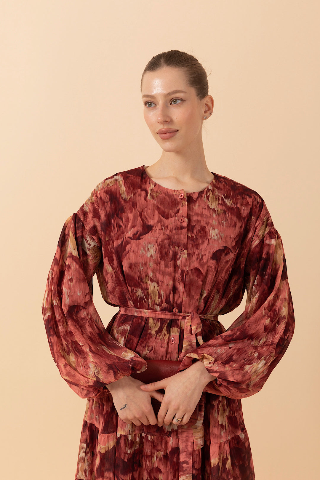 Lily Rüya Desen Şifon Elbise Bordo 3037-BORDO