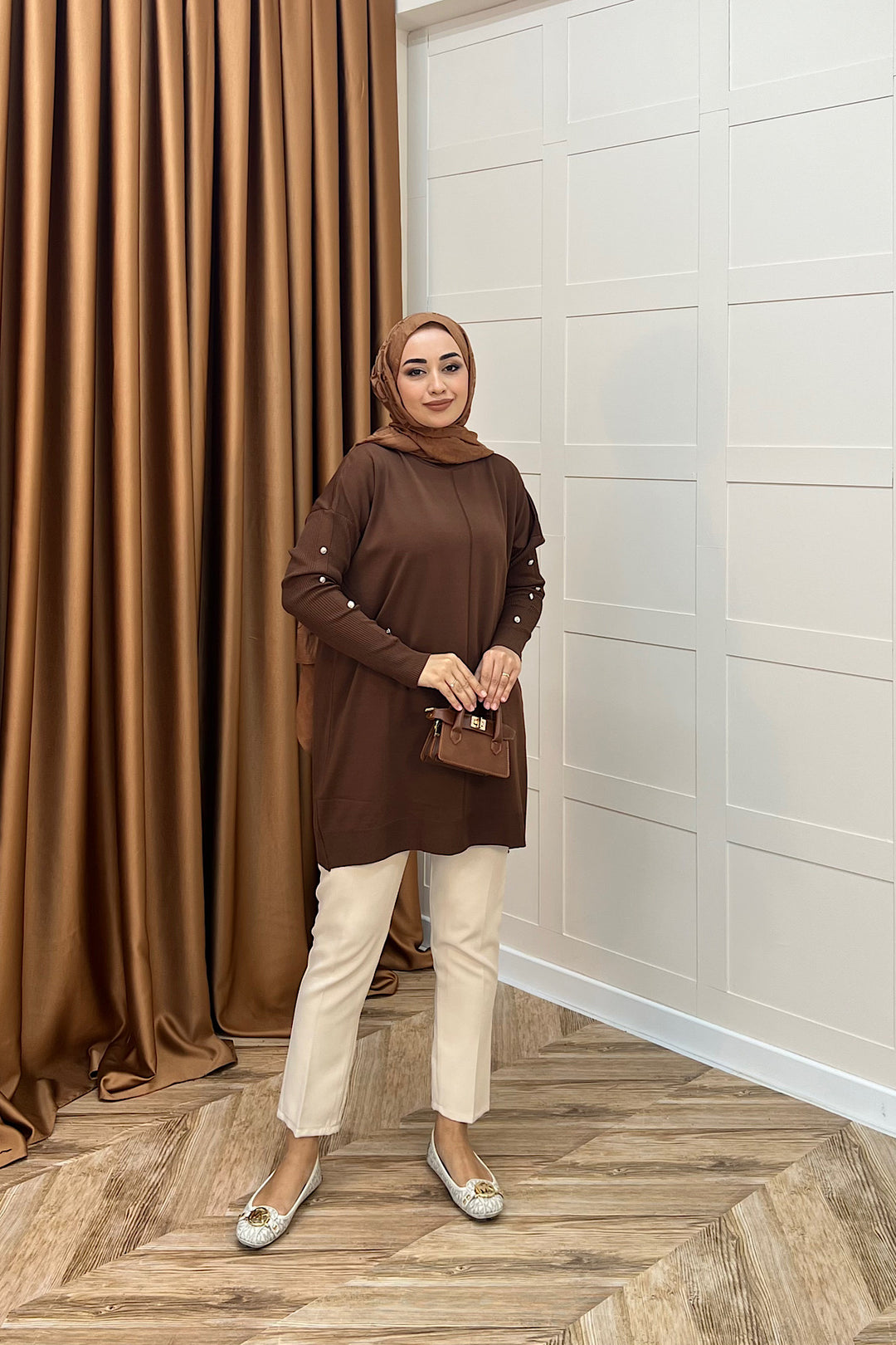 Kol Düğmeli Triko Tunik Kahverengi 24280-KAHVERENGI