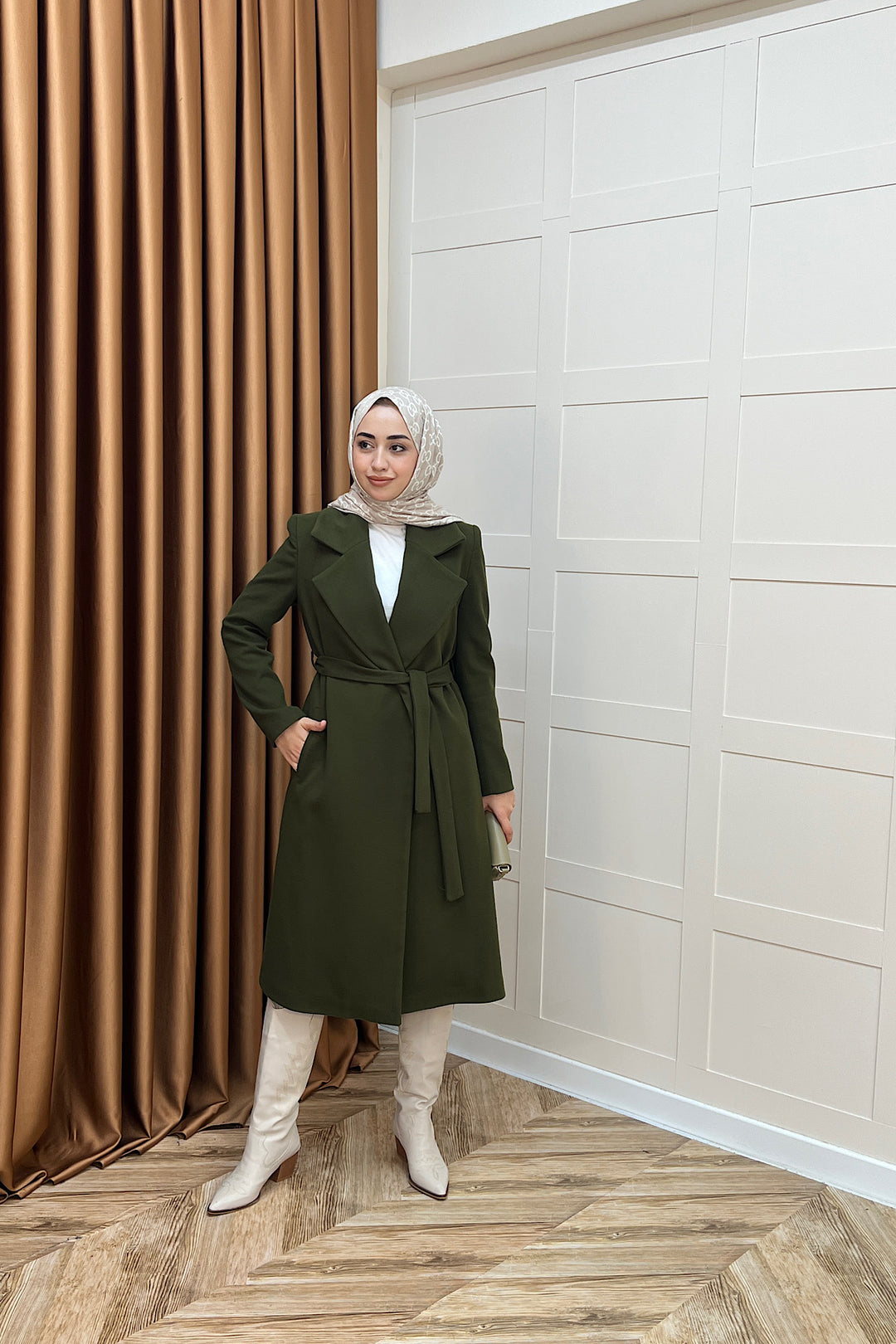 Premium Kuşaklı Kaşe Kaban Haki 5510-HAKI