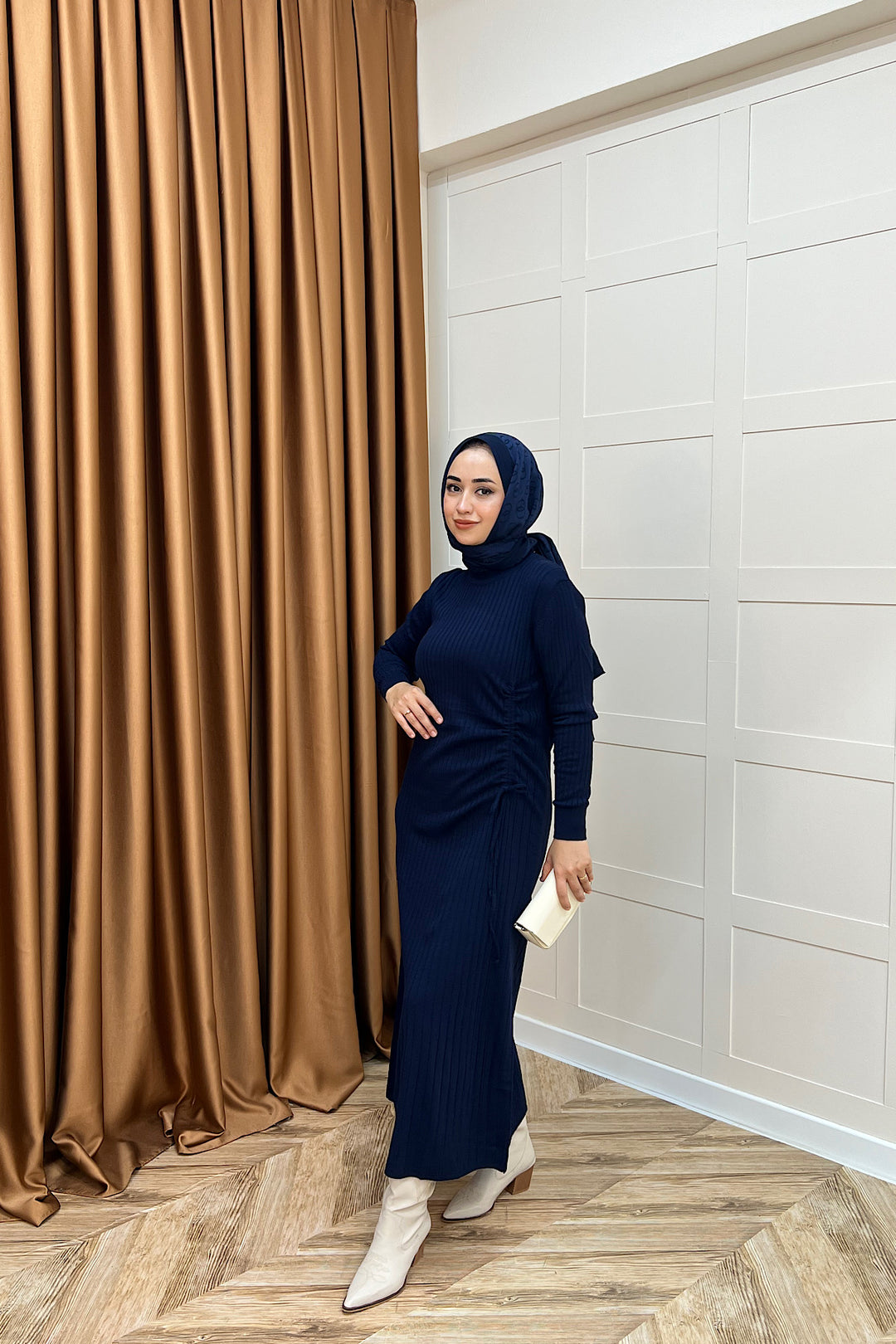 Yandan Büzgülü Triko Elbise Lacivert 24870-LACIVERT