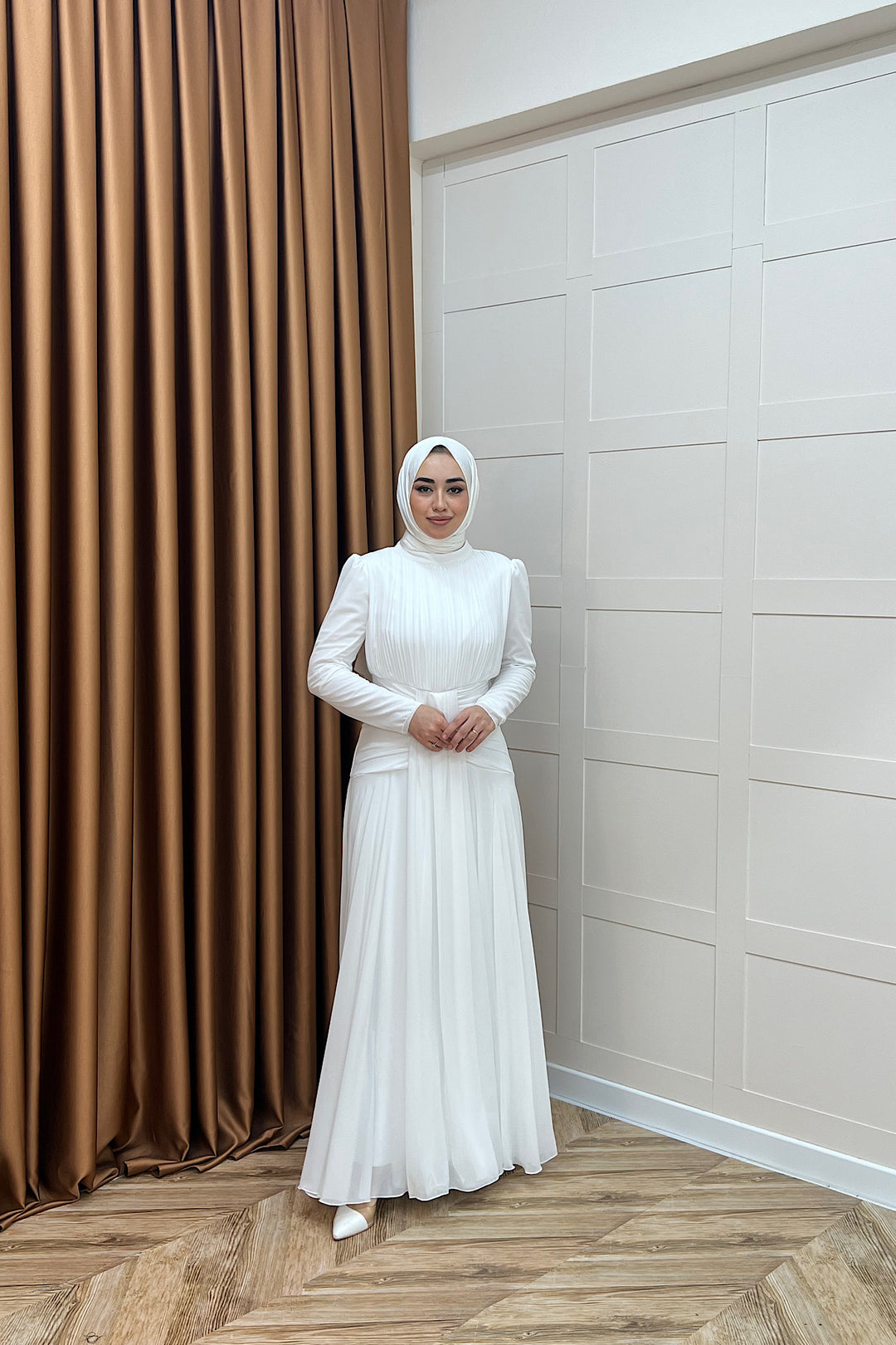 Elanor Bel Detay Şifon Abiye Beyaz 3092-BEYAZ