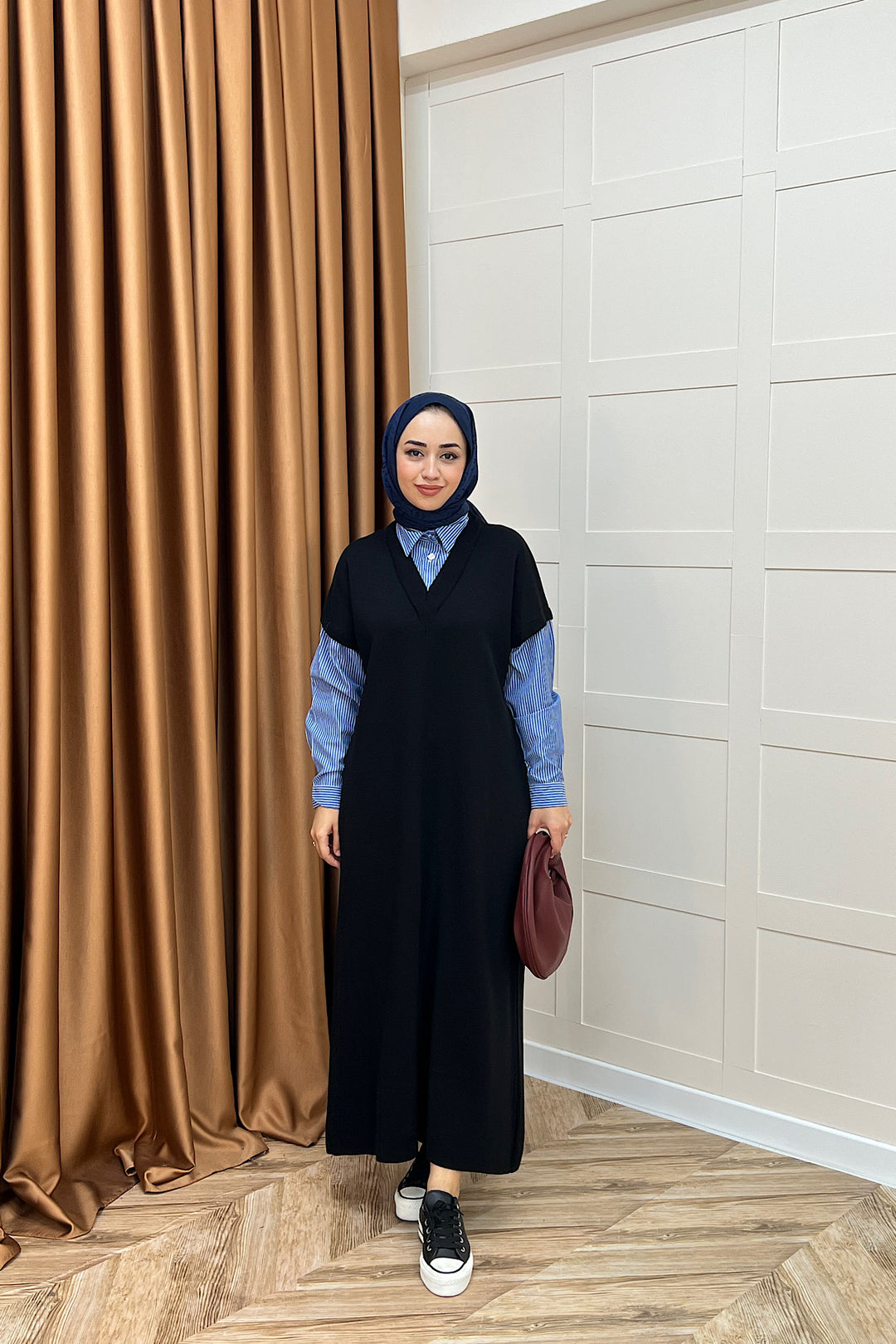 Samira Gömlek Detaylı Triko Elbise Siyah 241110-SIYAH