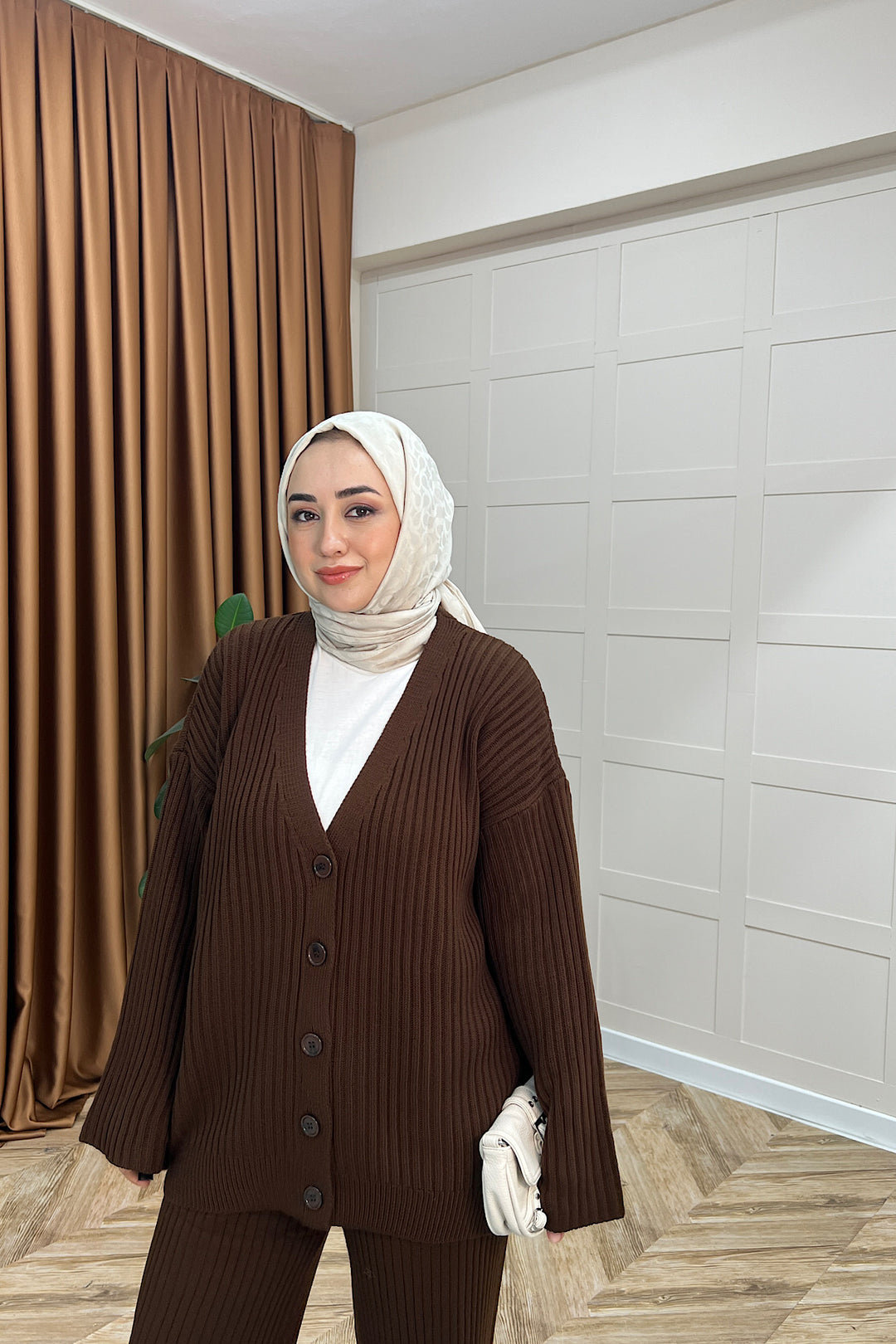 Galata Fitilli Triko Hırka Takım Kahverengi 25630-KAHVERENGI