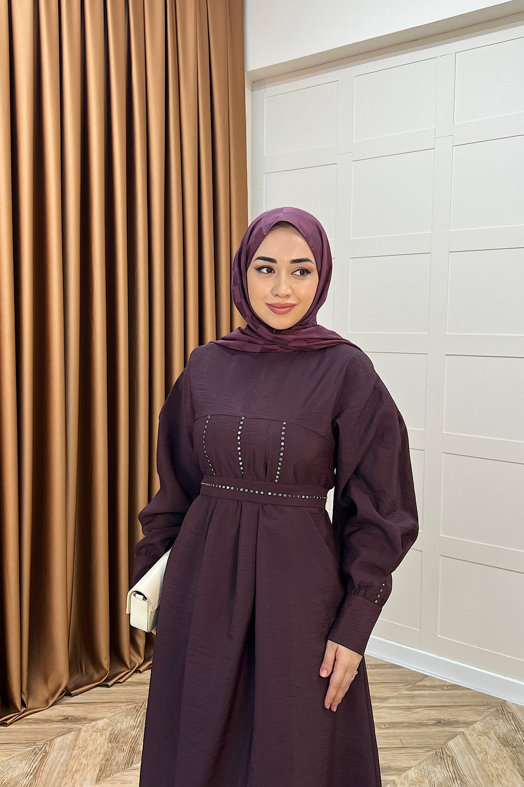 Lara Taş Detaylı Elbise Mürdüm 26030-MURDUM