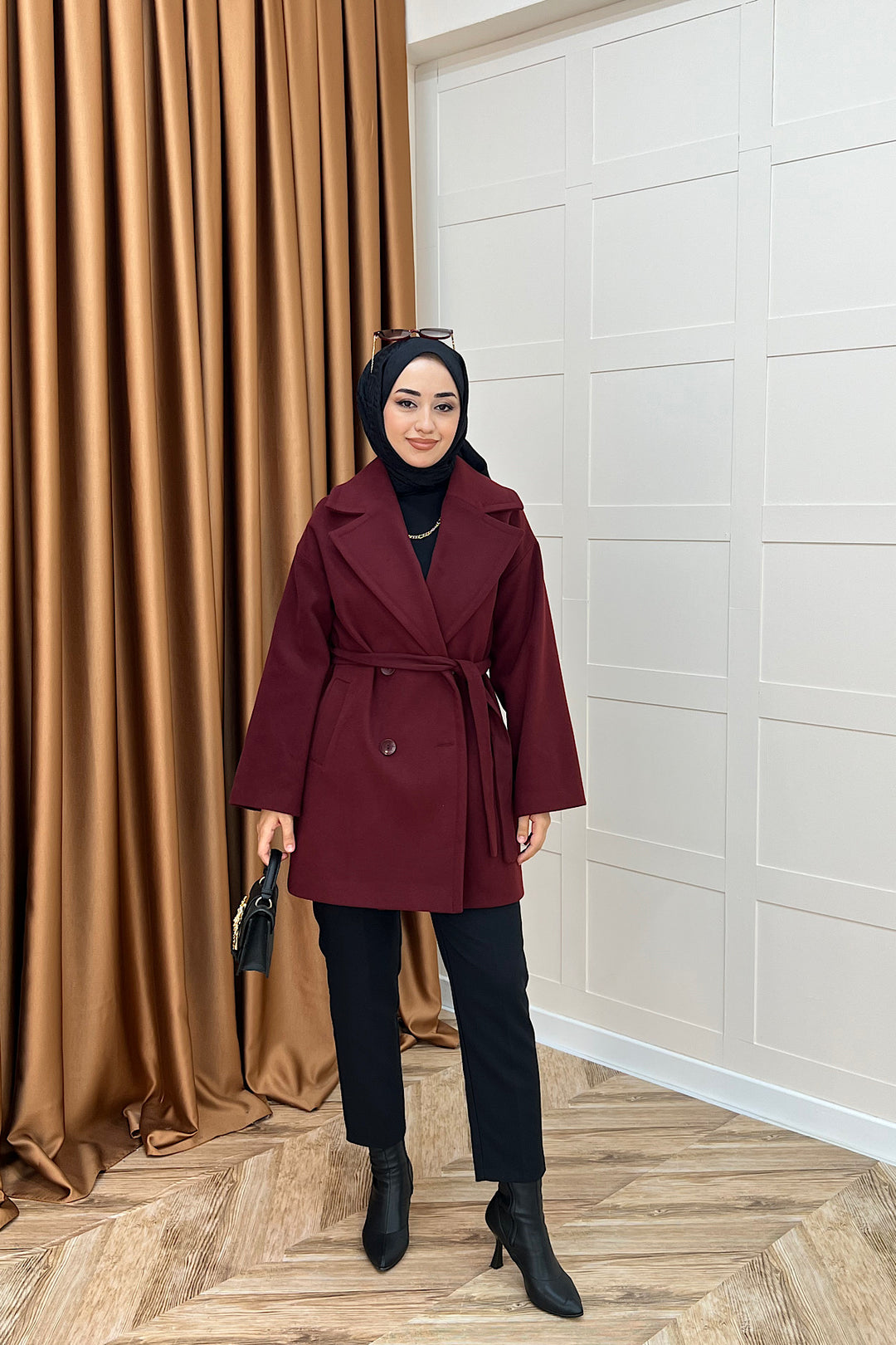 Nuve Premium Kuşaklı Kaban Bordo 5514-BORDO